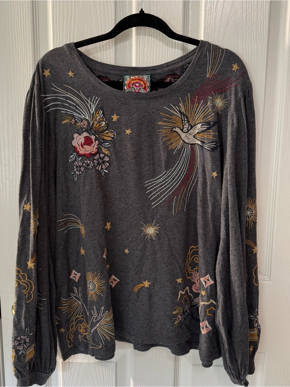Johnny Was Charcoal Embroidered Long-Sleeve Tee with Multicolor Motifs - Picture 1 of 5